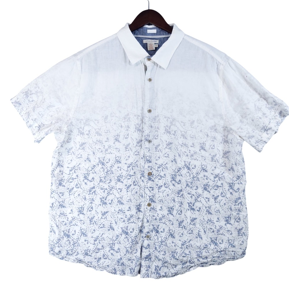 Carbon 2 Cobalt Button Down Mens XL White Blue Floral Linen Short Sleeve Shirt
